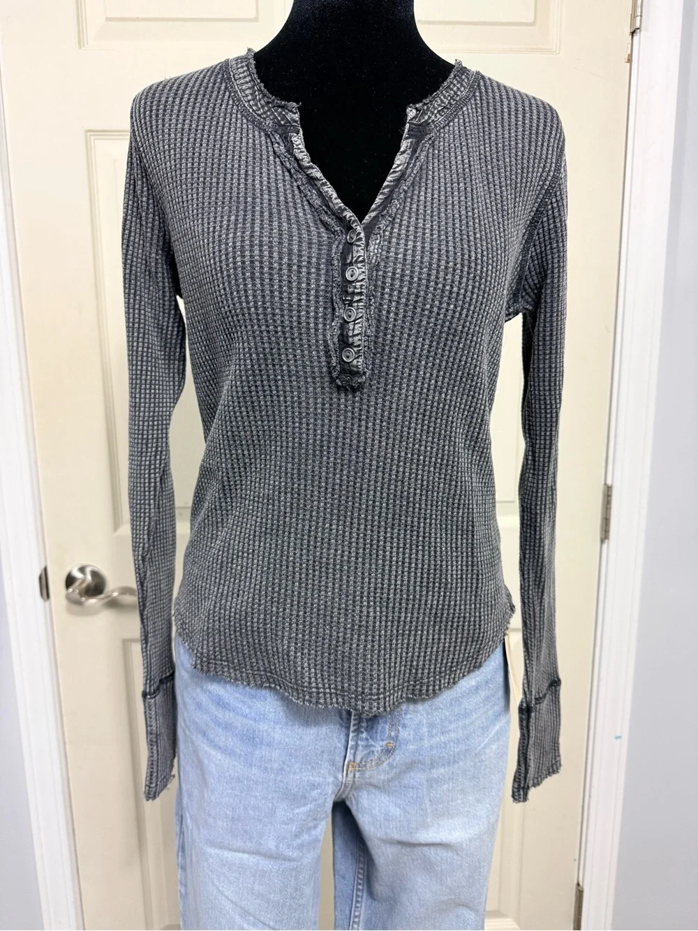 Lucky Brand Charcoal Waffle Knit Henley Long-Sleeve Top - Picture 2 of 7